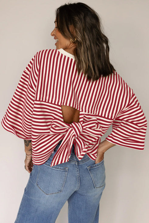 Nautical Lines Striped Bow Back Cutout Wide Sleeve Tee