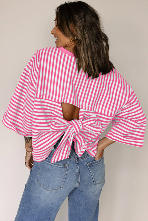 Nautical Lines Striped Bow Back Cutout Wide Sleeve Tee