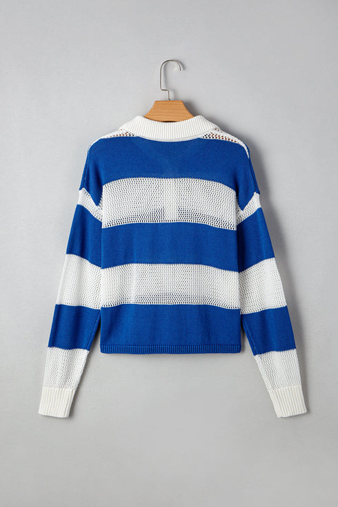Nautical Striped Open Knit Polo Collar Long Sleeve Sweater