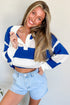 Nautical Striped Open Knit Polo Collar Long Sleeve Sweater