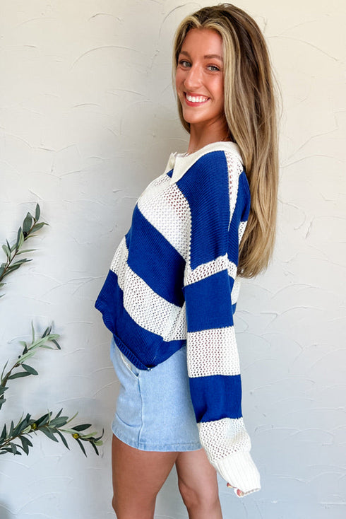 Nautical Striped Open Knit Polo Collar Long Sleeve Sweater