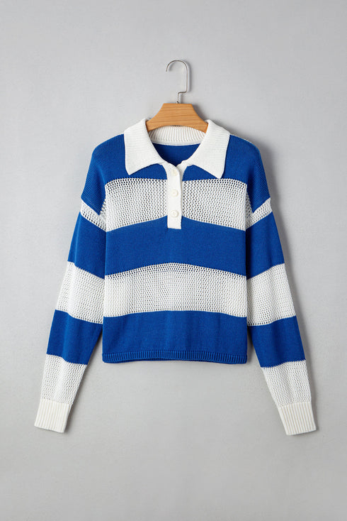 Nautical Striped Open Knit Polo Collar Long Sleeve Sweater