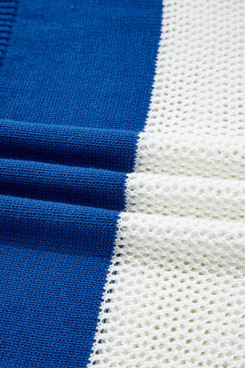 Nautical Striped Open Knit Polo Collar Long Sleeve Sweater