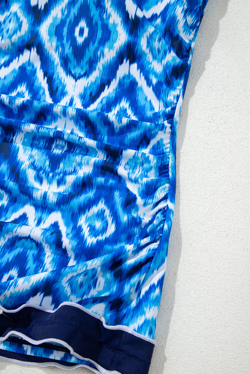 Navy Blue Abstract Print Frilled Trim Spaghetti Straps Tankini Set