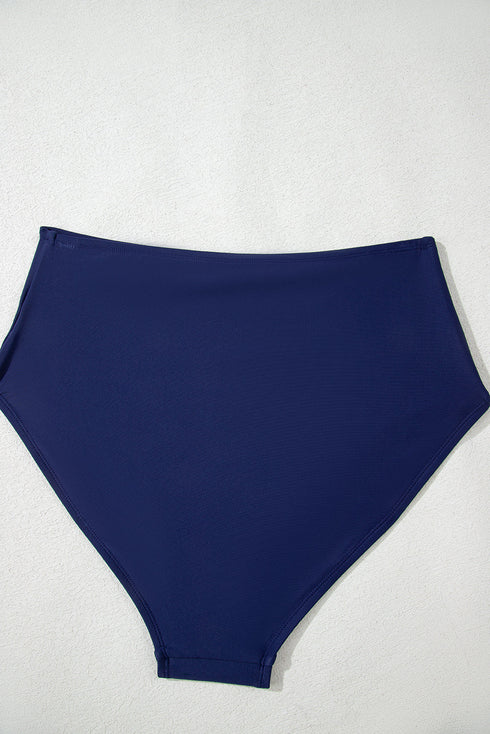 Navy Blue Abstract Print Frilled Trim Spaghetti Straps Tankini Set