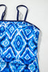 Navy Blue Abstract Print Frilled Trim Spaghetti Straps Tankini Set
