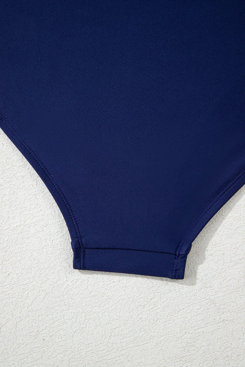 Navy Blue Abstract Print Frilled Trim Spaghetti Straps Tankini Set