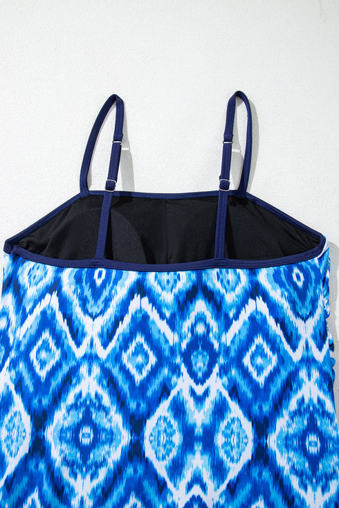 Navy Blue Abstract Print Frilled Trim Spaghetti Straps Tankini Set