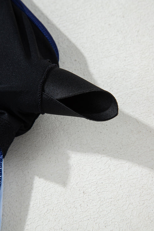 Navy Blue Abstract Print Frilled Trim Spaghetti Straps Tankini Set