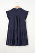 Navy Blue Collared V Neck Flutter Sleeve Tiered Plus Size Dress