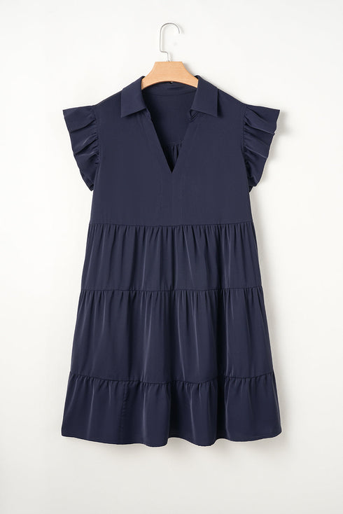 Navy Blue Collared V Neck Flutter Sleeve Tiered Plus Size Dress