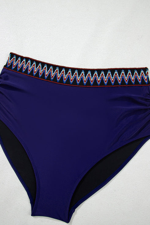Navy Blue Embroidered Trim Wrap Tie Knot Plus Size High Waisted Bikini