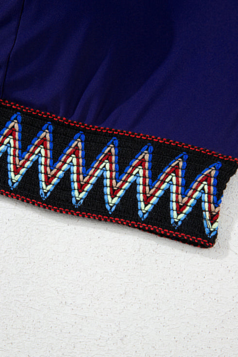 Navy Blue Embroidered Trim Wrap Tie Knot Plus Size High Waisted Bikini