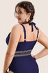 Navy Blue Embroidered Trim Wrap Tie Knot Plus Size High Waisted Bikini