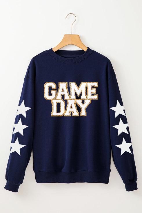 Navy Blue GAME DAY Printed Star Sleeve Crewneck Pullover Sweatshirt