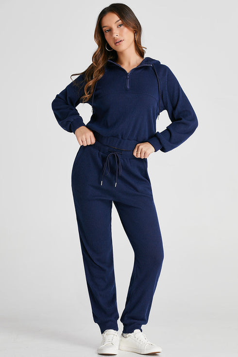 Navy Blue Ribbed Knit Cropped Hoodie And Drawstring Joggers Set