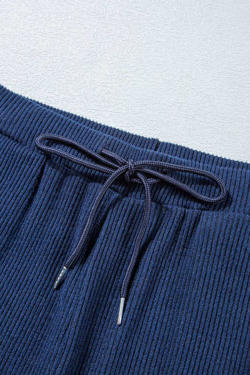 Navy Blue Ribbed Knit Cropped Hoodie And Drawstring Joggers Set