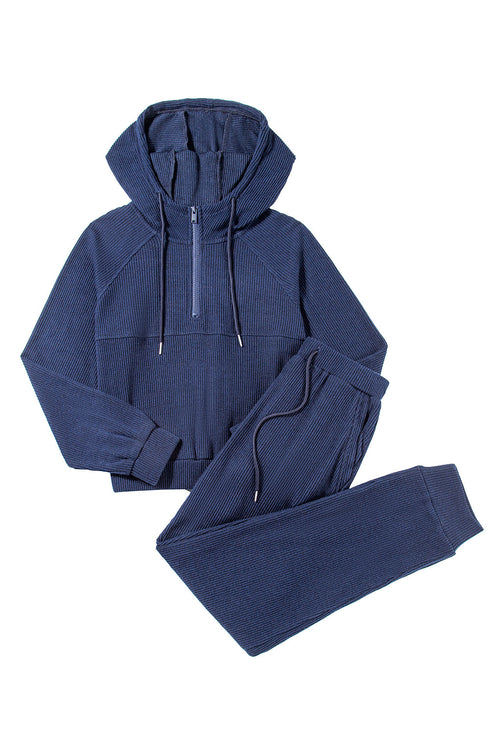 Navy Blue Ribbed Knit Cropped Hoodie And Drawstring Joggers Set