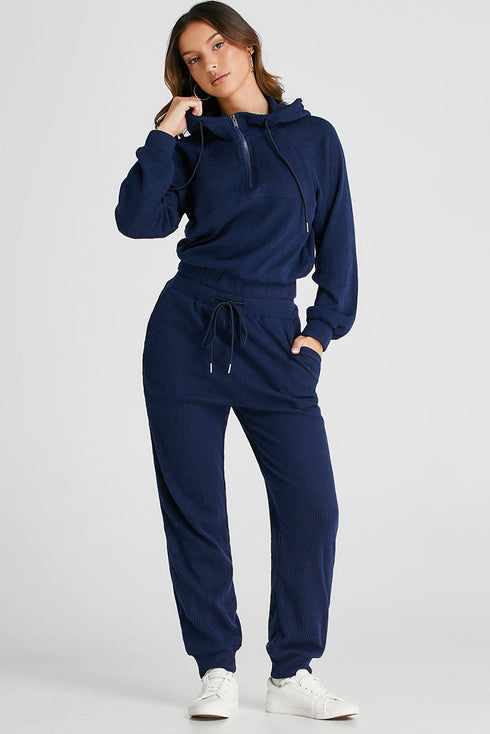 Navy Blue Ribbed Knit Cropped Hoodie And Drawstring Joggers Set