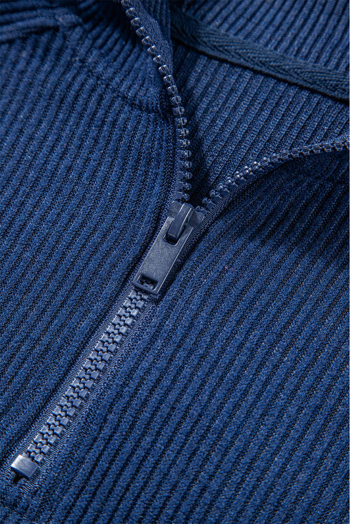 Navy Blue Ribbed Knit Cropped Hoodie And Drawstring Joggers Set