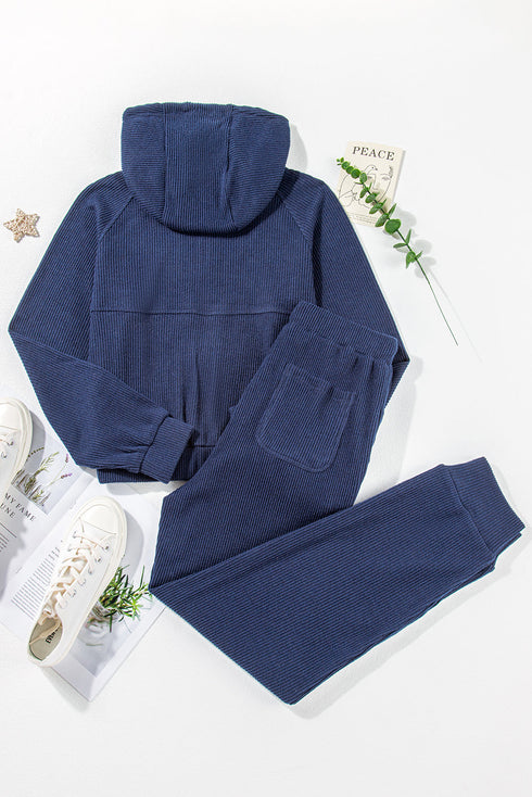 Navy Blue Ribbed Knit Cropped Hoodie And Drawstring Joggers Set