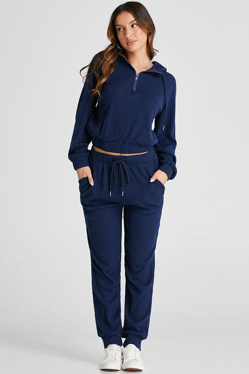Navy Blue Ribbed Knit Cropped Hoodie And Drawstring Joggers Set