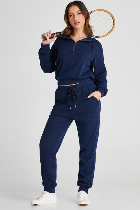 Navy Blue Ribbed Knit Cropped Hoodie And Drawstring Joggers Set