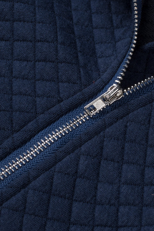 Navy Stand Neck Waffle Zip Up Sweatshirt