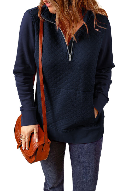Navy Stand Neck Waffle Zip Up Sweatshirt