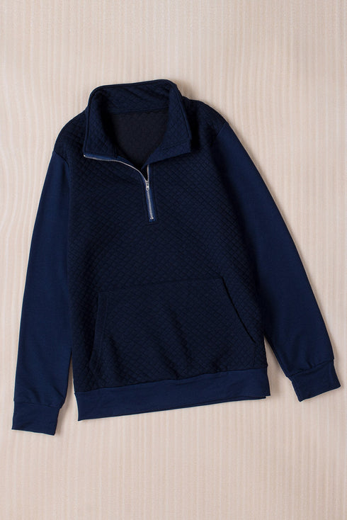 Navy Stand Neck Waffle Zip Up Sweatshirt