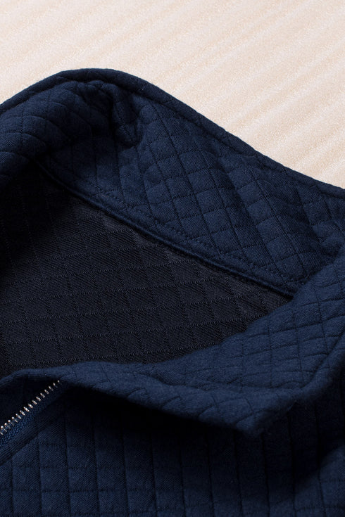 Navy Stand Neck Waffle Zip Up Sweatshirt