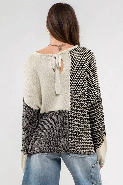 Neutral Colorblock Tie Back Sweater