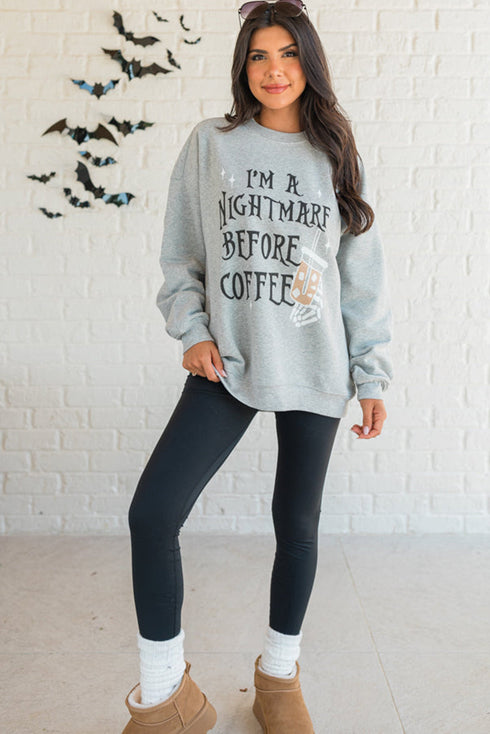 Nightmare Before Coffee Graphic Oversized Crew Neck Sweatshirt