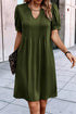 Notched Neck Pleated Puff Sleeve Shift T-shirt Dress