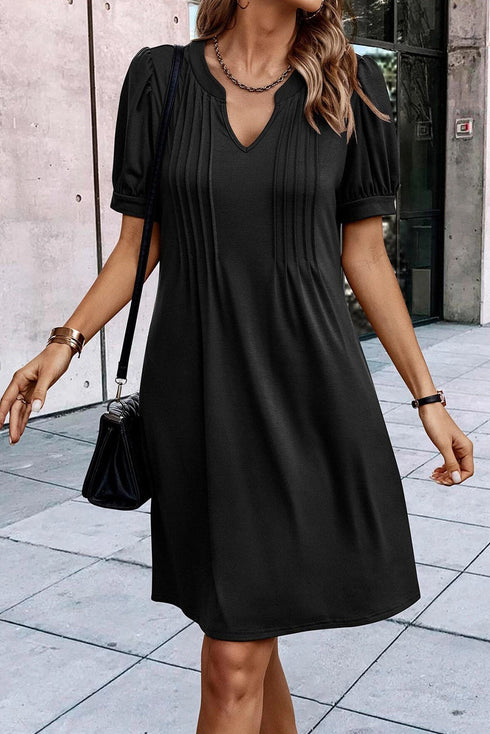 Notched Neck Pleated Puff Sleeve Shift T-shirt Dress