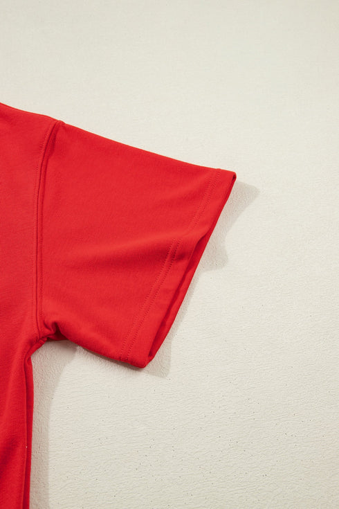 Notched Neck Seam Detail Patchwork Short Sleeve Top