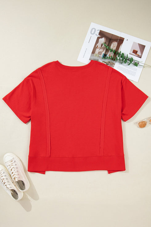 Notched Neck Seam Detail Patchwork Short Sleeve Top
