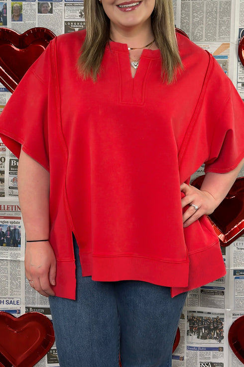 Notched Neck Seam Detail Patchwork Short Sleeve Top