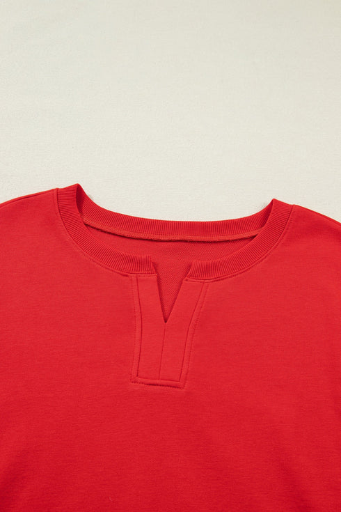 Notched Neck Seam Detail Patchwork Short Sleeve Top