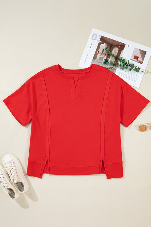 Notched Neck Seam Detail Patchwork Short Sleeve Top