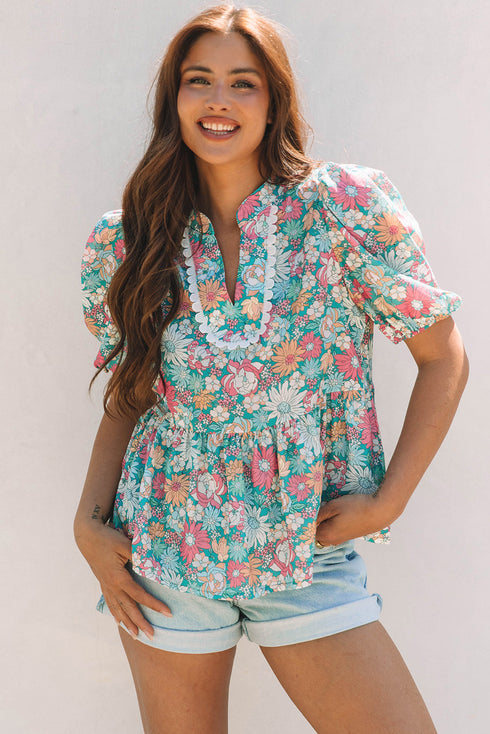 Notched Neckline Puff Sleeve Floral Print Woven Blouse