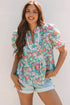 Notched Neckline Puff Sleeve Floral Print Woven Blouse