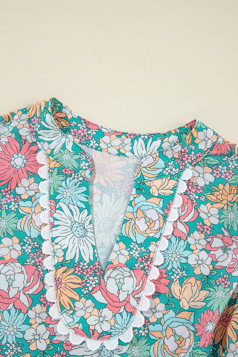 Notched Neckline Puff Sleeve Floral Print Woven Blouse