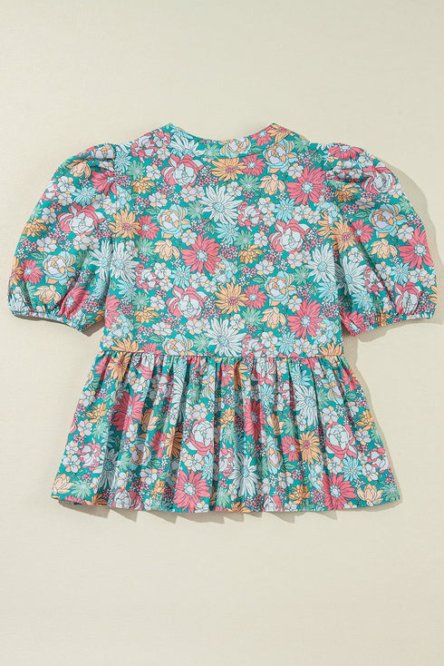 Notched Neckline Puff Sleeve Floral Print Woven Blouse
