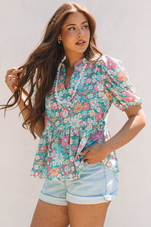 Notched Neckline Puff Sleeve Floral Print Woven Blouse