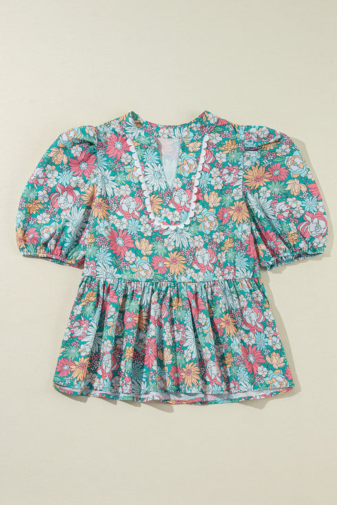 Notched Neckline Puff Sleeve Floral Print Woven Blouse