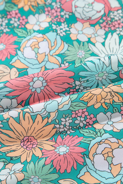 Notched Neckline Puff Sleeve Floral Print Woven Blouse