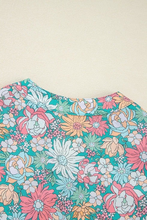 Notched Neckline Puff Sleeve Floral Print Woven Blouse