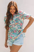 Notched Neckline Puff Sleeve Floral Print Woven Blouse
