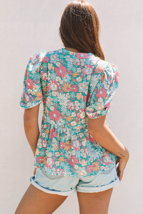 Notched Neckline Puff Sleeve Floral Print Woven Blouse